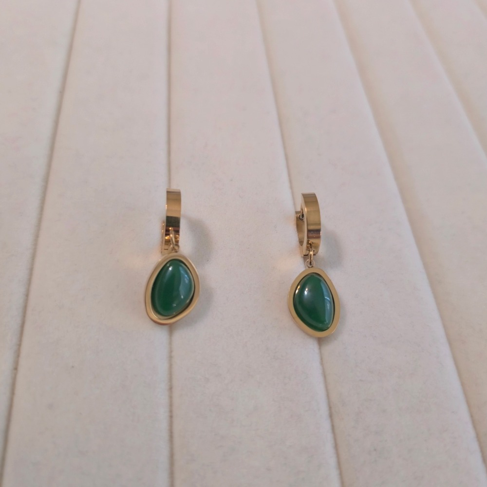Gold Plated Stainless Steel Green Resin Teardrop Huggie Hoop Drop Earrings J13